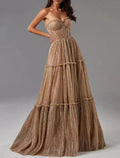 Sunnderly A-Line Evening Gown Glittering Dress Formal Wedding Guest Floor Length Sleeveless Strapless Tulle with Pleats by Aabei