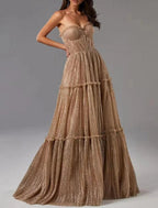 Sunnderly A-Line Evening Gown Glittering Dress Formal Wedding Guest Floor Length Sleeveless Strapless Tulle with Pleats by Aabei
