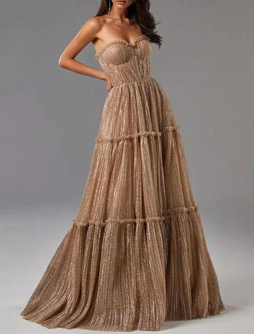 Vestido de noche Sunnderly de corte A, brillante, para invitada de boda, formal, largo hasta el suelo, sin mangas, sin tirantes, de tul con pliegues