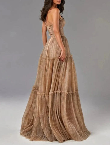 Vestido de noche Sunnderly de corte A, brillante, para invitada de boda, formal, largo hasta el suelo, sin mangas, sin tirantes, de tul con pliegues