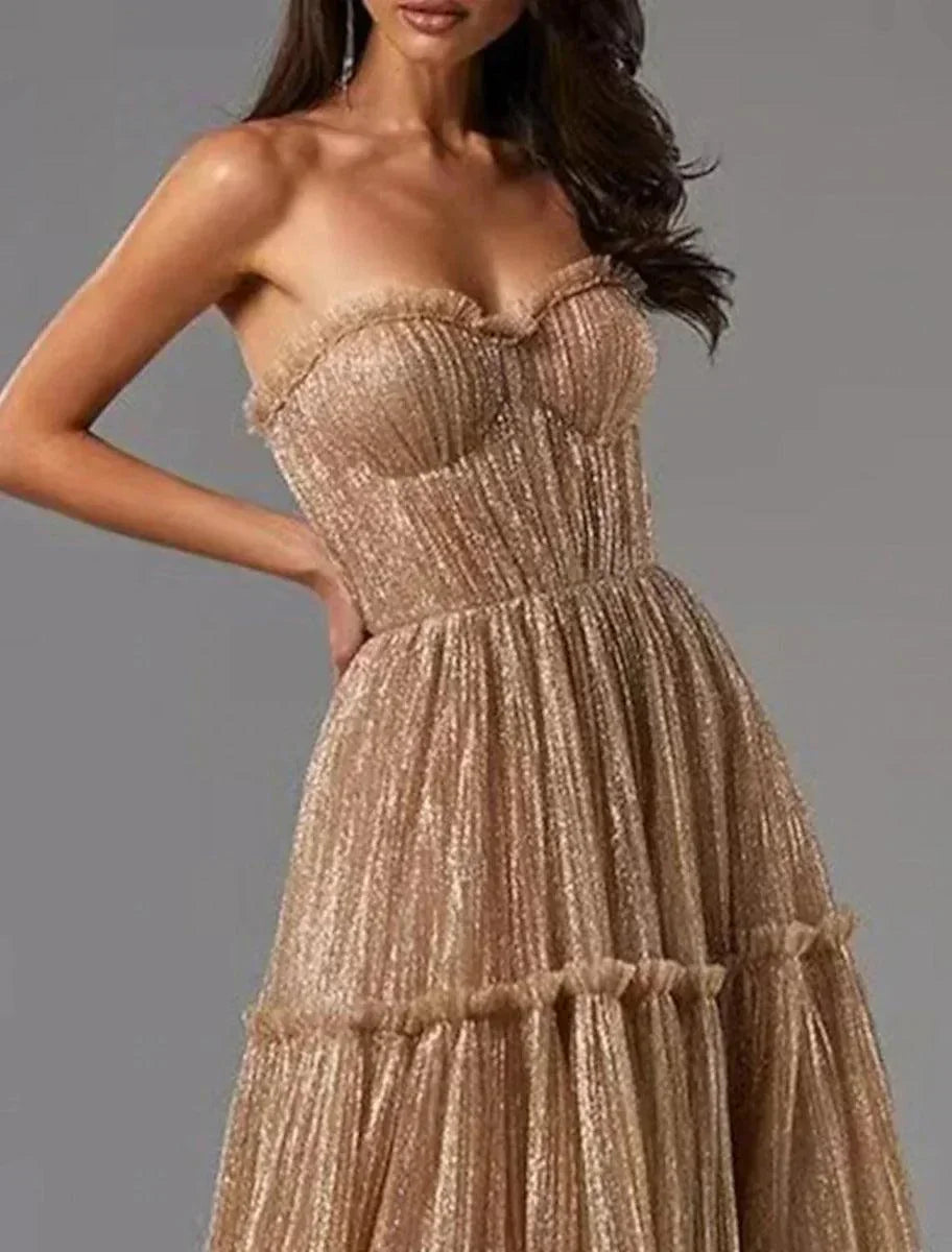 فستان سهرة صنندري على شكل حرف A لامع، فستان رسمي لحضور حفلات الزفاف، طويل حتى الأرض، بدون أكمام وبدون حمالات، من التول مع طيات