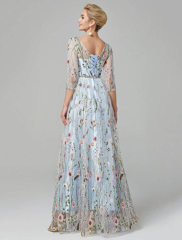 Vestido de noche Sunnderly de corte A, vestido de fiesta floral, vestido de fiesta para invitada de boda, largo hasta el suelo, manga 3/4, cuello ilusión, encaje con bordado