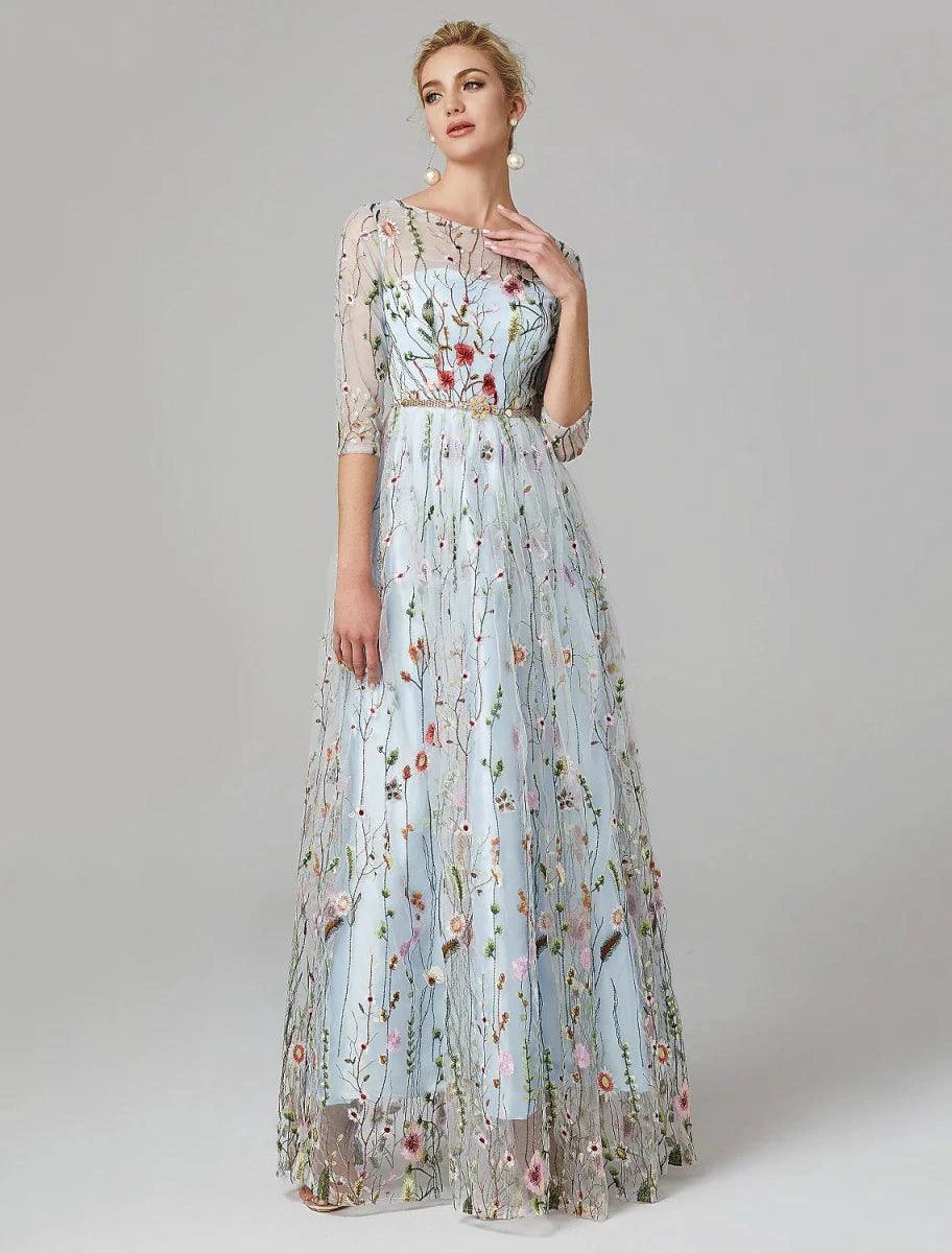 Sunnderly A-Line Evening Gown Party Dress Floral Dress Holiday Wedding Guest Floor Length 3/4 Length Sleeve Illusion Neck Lace with Embroidery by Aabei