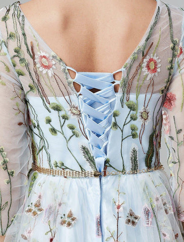 Vestido de noche Sunnderly de corte A, vestido de fiesta floral, vestido de fiesta para invitada de boda, largo hasta el suelo, manga 3/4, cuello ilusión, encaje con bordado