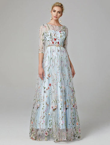 Vestido de noche Sunnderly de corte A, vestido de fiesta floral, vestido de fiesta para invitada de boda, largo hasta el suelo, manga 3/4, cuello ilusión, encaje con bordado