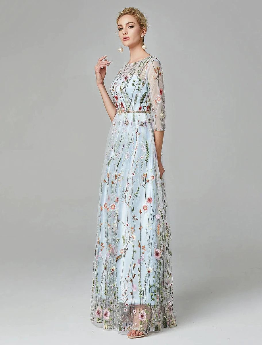 Sunnderly A-Line Evening Gown Party Dress Floral Dress Holiday Wedding Guest Floor Length 3/4 Length Sleeve Illusion Neck Lace with Embroidery by Aabei