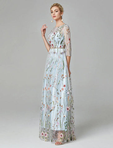 Vestido de noche Sunnderly de corte A, vestido de fiesta floral, vestido de fiesta para invitada de boda, largo hasta el suelo, manga 3/4, cuello ilusión, encaje con bordado