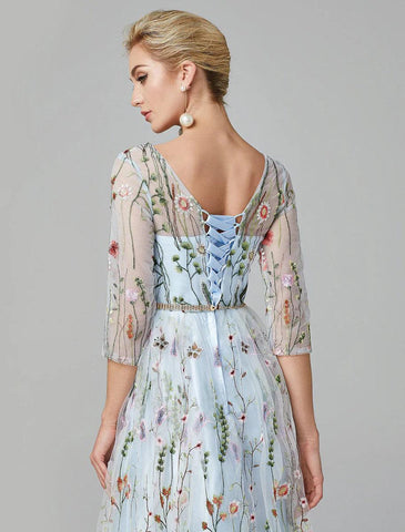 Vestido de noche Sunnderly de corte A, vestido de fiesta floral, vestido de fiesta para invitada de boda, largo hasta el suelo, manga 3/4, cuello ilusión, encaje con bordado