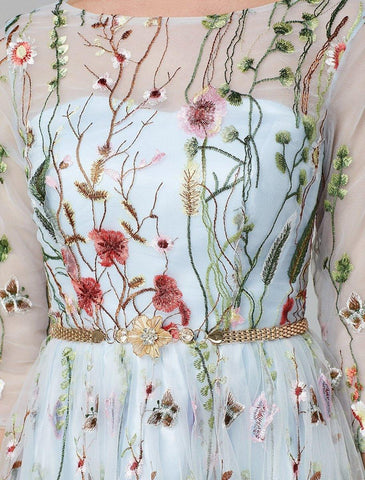 Vestido de noche Sunnderly de corte A, vestido de fiesta floral, vestido de fiesta para invitada de boda, largo hasta el suelo, manga 3/4, cuello ilusión, encaje con bordado