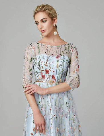 Vestido de noche Sunnderly de corte A, vestido de fiesta floral, vestido de fiesta para invitada de boda, largo hasta el suelo, manga 3/4, cuello ilusión, encaje con bordado