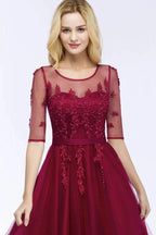 A-line Floor Length Appliques Tulle Bridesmaid Dress Half Sleeve Evening Dress by misshow.com