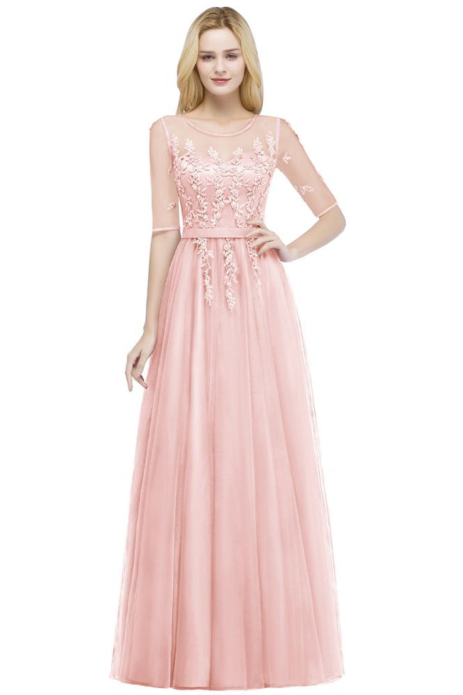 A-line Floor Length Appliques Tulle Bridesmaid Dress Half Sleeve Evening Dress Main Image