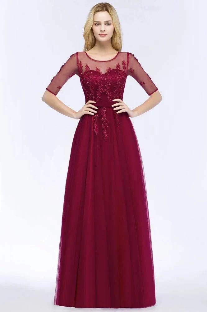 A-line Floor Length Appliques Tulle Bridesmaid Dress Half Sleeve Evening Dress by misshow.com