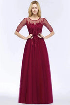 A-line Floor Length Appliques Tulle Bridesmaid Dress Half Sleeve Evening Dress by misshow.com