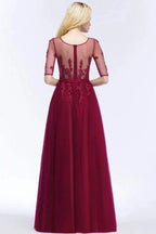 A-line Floor Length Appliques Tulle Bridesmaid Dress Half Sleeve Evening Dress by misshow.com