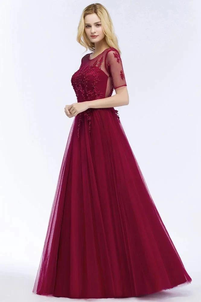A-line Floor Length Appliques Tulle Bridesmaid Dress Half Sleeve Evening Dress by misshow.com
