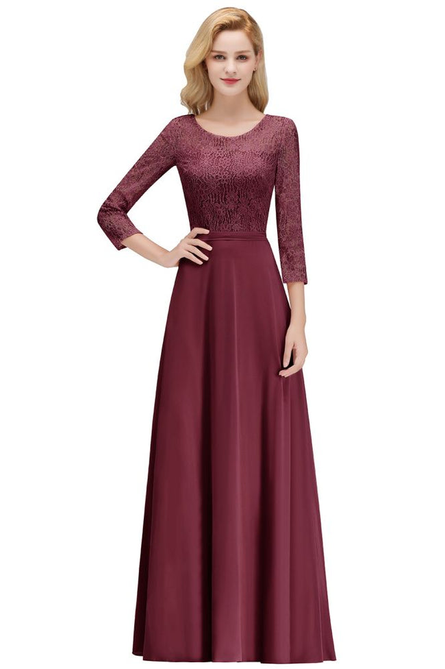A-line Floor Length Lace Chiffon Bridesmaid Dresses with Sleeves Main Image