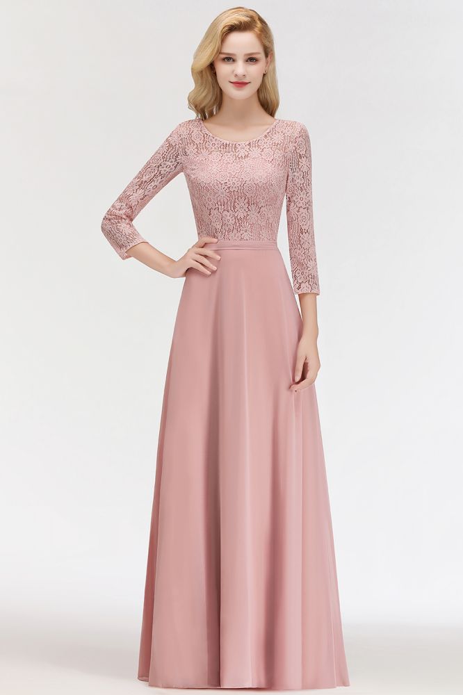 A-line Floor Length Lace Chiffon Bridesmaid Dresses with Sleeves