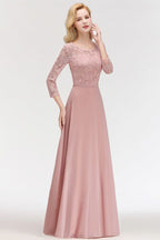 A-line Floor Length Lace Chiffon Bridesmaid Dresses with Sleeves