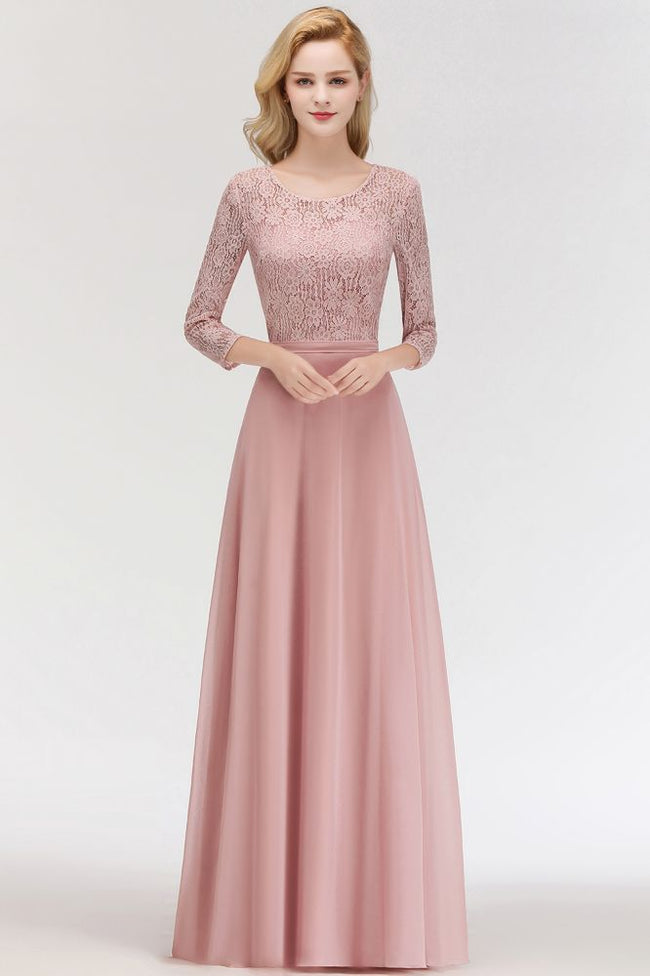 A-line Floor Length Lace Chiffon Bridesmaid Dresses with Sleeves Hover Image