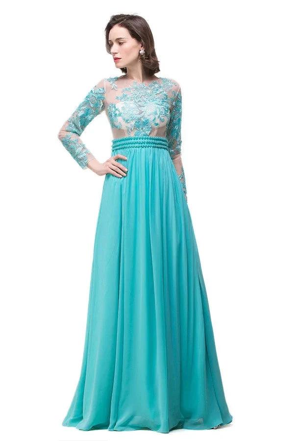 A-line Floor-length Long-Sleeve Crew Sash Formal Dresses by misshow.com