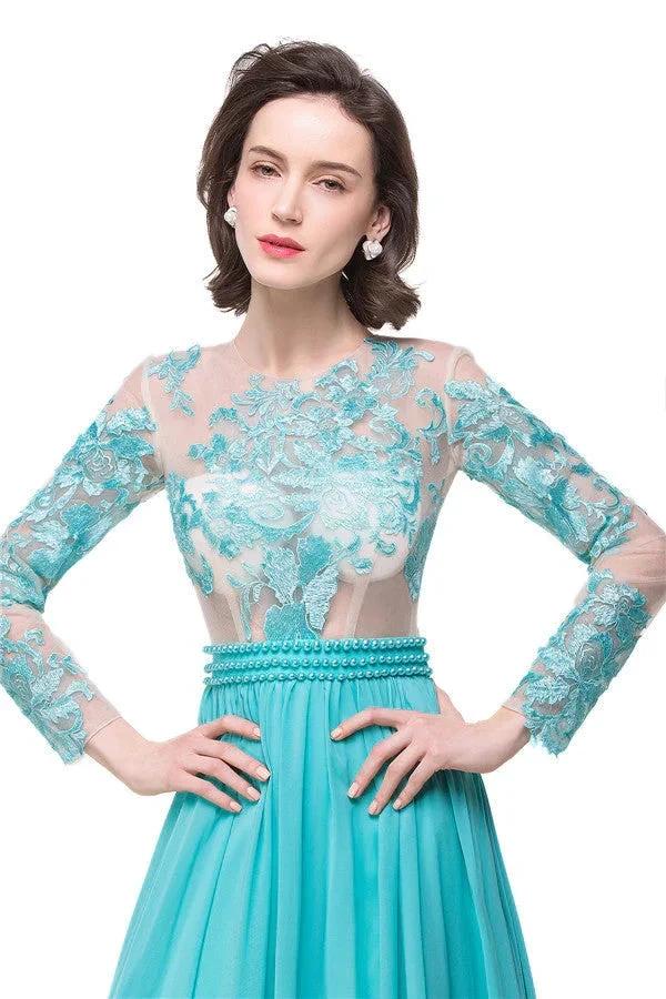 A-line Floor-length Long-Sleeve Crew Sash Formal Dresses by misshow.com