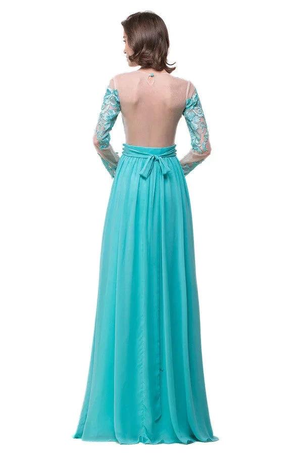 A-line Floor-length Long-Sleeve Crew Sash Formal Dresses by misshow.com