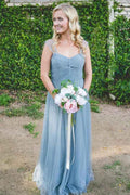 A-line Floor-Length Turquoise Sleeveless Tulle Bridesmaid Dress BD041 by pgmdress