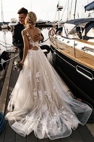 A-Linie Blumenapplikationen Strand Brautkleider Rückenfreies Brautkleid WD467