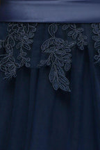 A-line Half Sleeves Floor Length Slit Appliqued Tulle Prom Dresses with Sash by misshow.com
