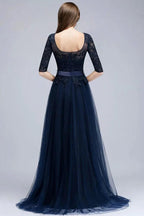 A-line Half Sleeves Floor Length Slit Appliqued Tulle Prom Dresses with Sash by misshow.com