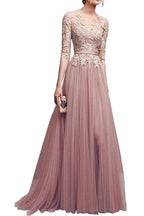 A-line Half Sleeves Floor Length Slit Appliqued Tulle Prom Dresses with Sash by misshow.com