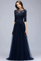 A-line Half Sleeves Floor Length Slit Appliqued Tulle Prom Dresses with Sash by misshow.com