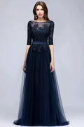 A-line Half Sleeves Floor Length Slit Appliqued Tulle Prom Dresses with Sash by misshow.com