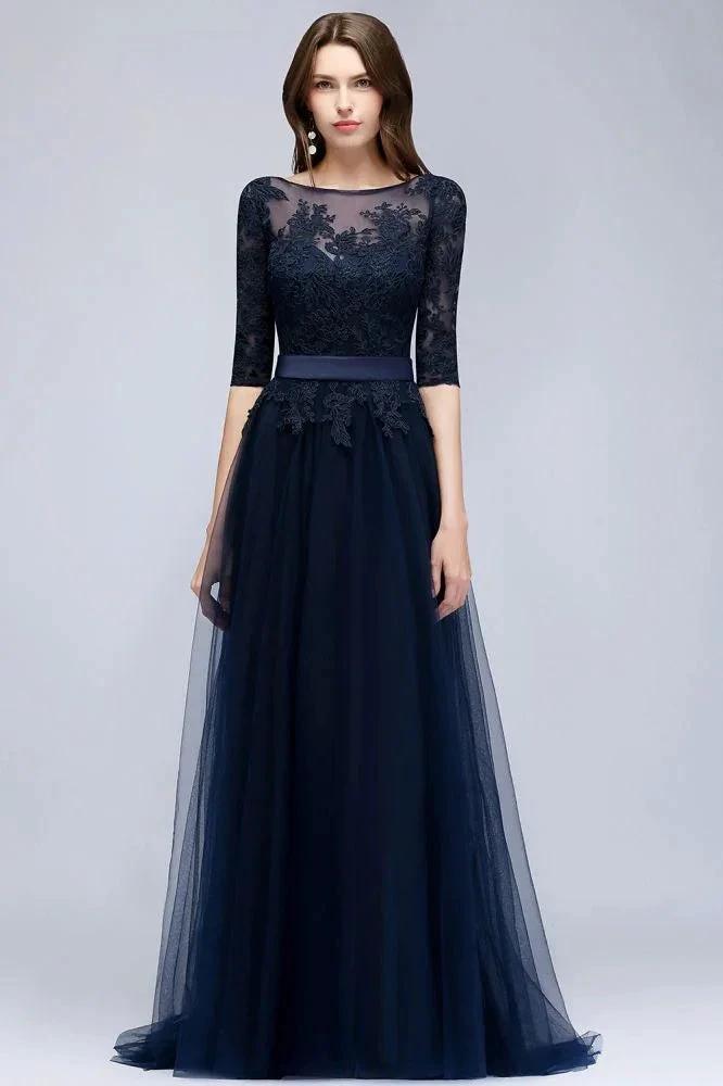 A-line Half Sleeves Floor Length Slit Appliqued Tulle Prom Dresses with Sash by misshow.com