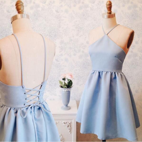 A-Line Halter Above-Knee Lace-Up Blue Stretch Satin Homecoming Dress PD403