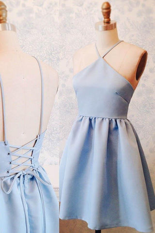 A-Linie Neckholder-Abendkleid mit Schnürung und Knielänge aus blauem Stretch-Satin PD403