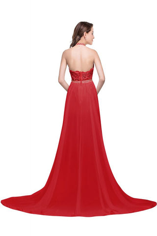 A-Linie Neckholder Chiffon Abendkleid mit Spitze