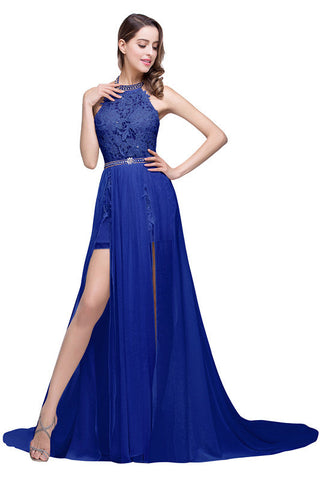 A-Linie Neckholder Chiffon Abendkleid mit Spitze