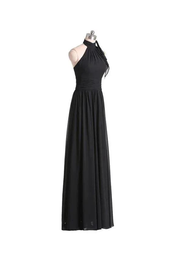 A-line Halter Floor Length Chiffon Black Bridesmaid Dress With Pleats BD019 by pgmdress
