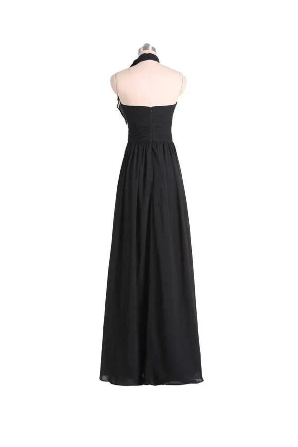 A-line Halter Floor Length Chiffon Black Bridesmaid Dress With Pleats BD019 by pgmdress