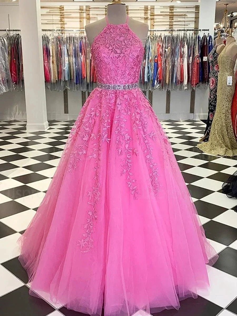 A-line Halter Long Lace Tulle Prom Dresses with Belt Formal Evening Gowns by BIZTUNNEL