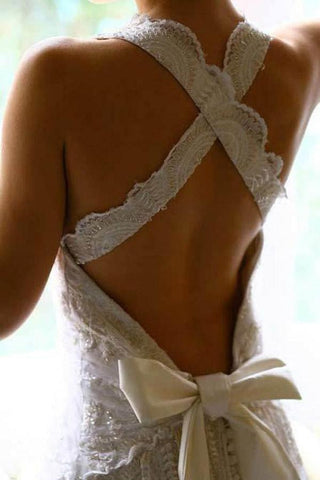 A-Linie Neckholder Rückenfreies Brautkleid mit Schleife und Spitze und Hofschleppe WD405