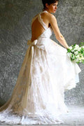 A-line Halter Neck Backless Bow Lace Wedding Dress with Court Train WD405 by pgmdress