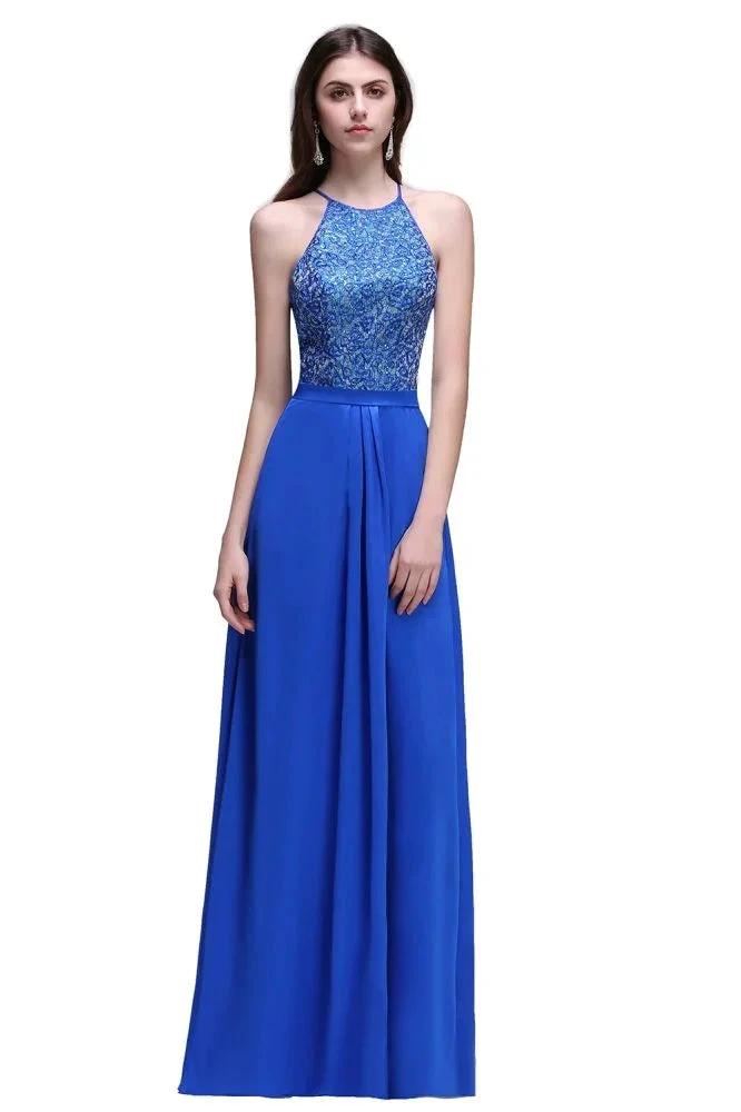 A-line Halter Neck Chiffon Royal Blue Prom Dresses with Sequins by misshow.com