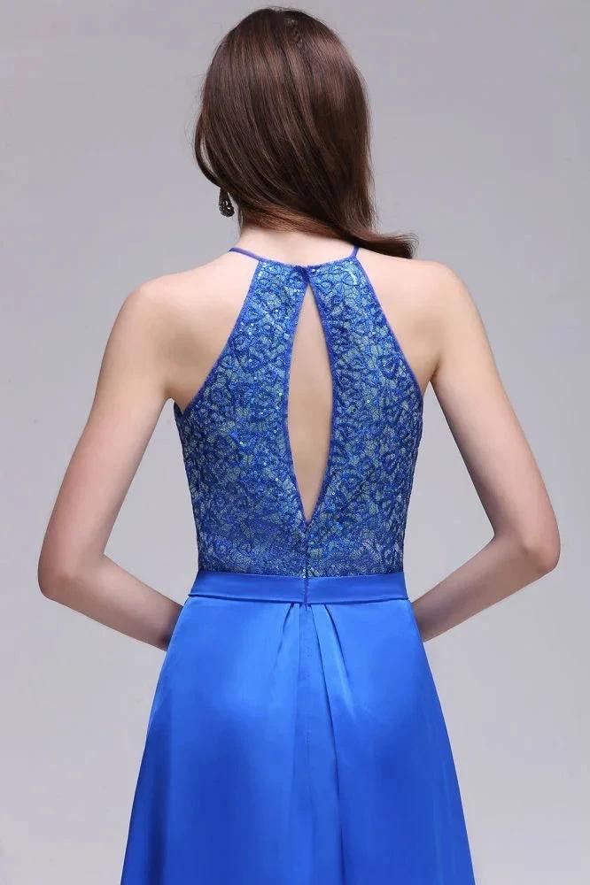 A-line Halter Neck Chiffon Royal Blue Prom Dresses with Sequins by misshow.com