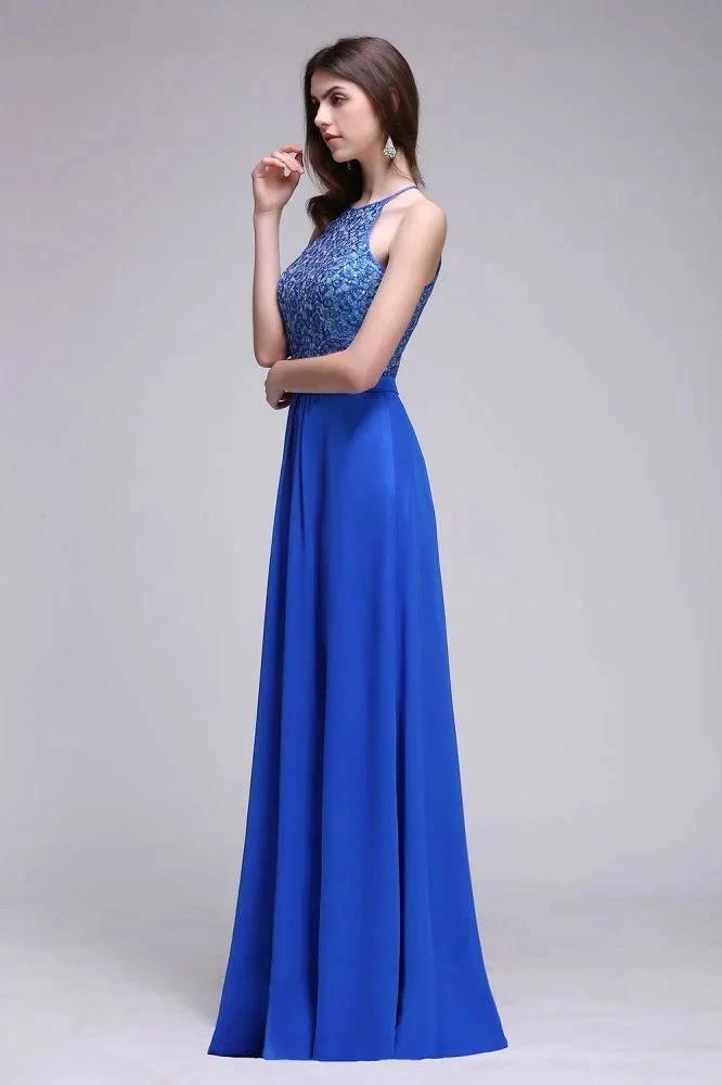 A-line Halter Neck Chiffon Royal Blue Prom Dresses with Sequins by misshow.com