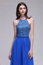 A-line Halter Neck Chiffon Royal Blue Prom Dresses with Sequins by misshow.com