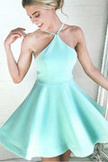 A-line Halter Short Mint Satin Homecoming Dress with Ruched PD007 by pgmdress