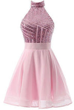 Vestido Curto Rosa de Chiffon com Alças em A, para Festa de Regresso a Casa/Cocktail, com Lantejoulas PD064